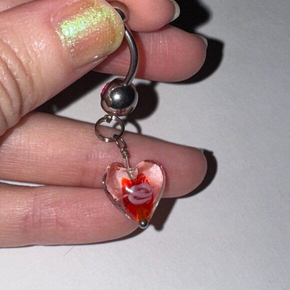 Red Lamp work Glass Heart Dangle Belly Rings - Picture 7 of 9